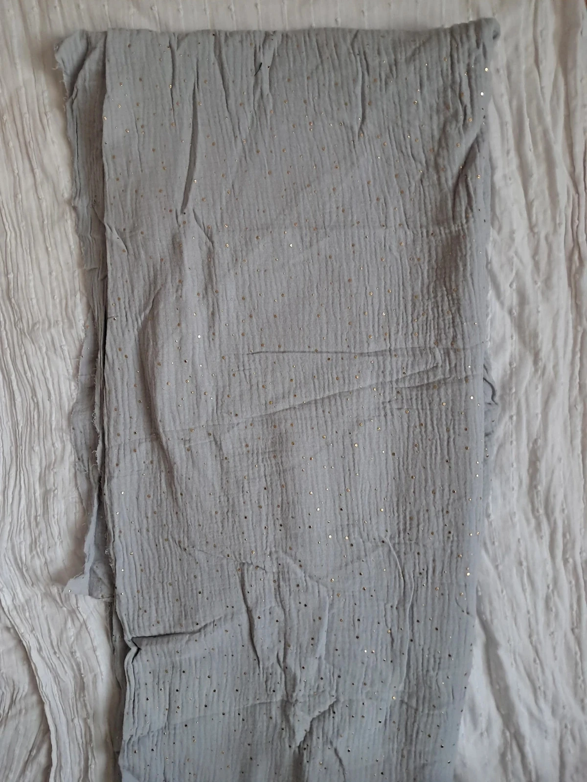 Tissu - Double gaze gris clair pois dorés – photo 3